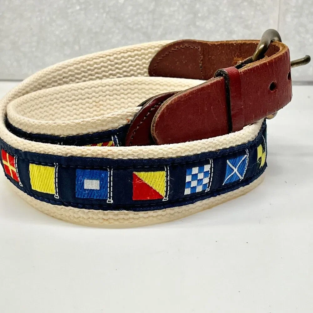 Leather Man Ltd Mens Nautical Flag Ribbon Brown Leather Belt Size 30 XS Brass
